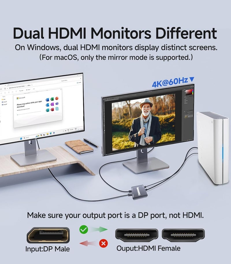 Veecoona DisplayPort to Dual HDMI Adapter 1 in 2 Out | 4K60Hz, DP Source to HDMI Splitter Extended Display port splitter for Dual monitors, for Desktop,Laptop,NVIDIA, AMD Graphics Card - MACOS Not Support MST - Image 4